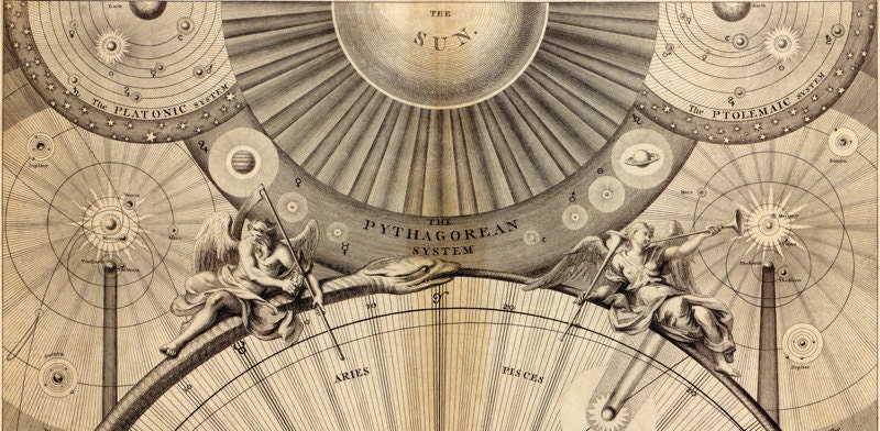 Astronomy theories represented in Wrights Celestial Map print from 1742