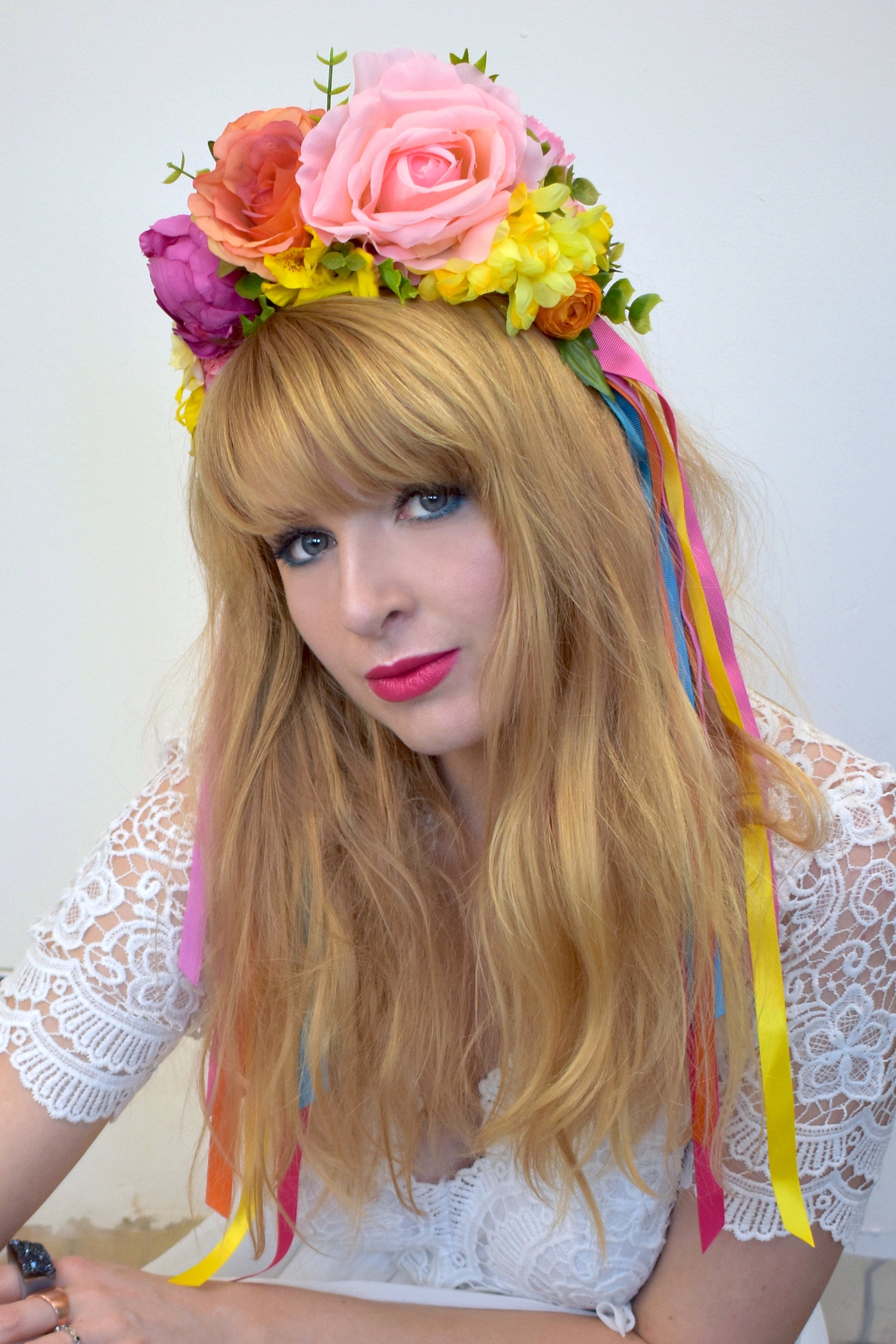 Rainbow Bright Ribbon Embellished Flower Crown Headband