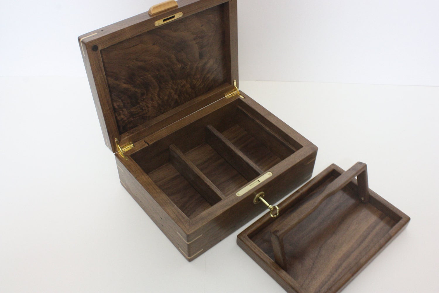 Large Locking Walnut Box with Tray and Dividers For Sale
