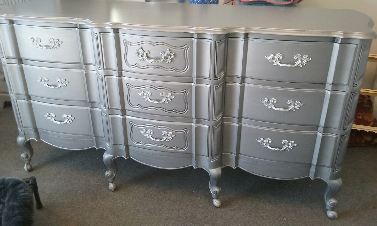 metallic painted french provincial aged pewter, vintage dresser