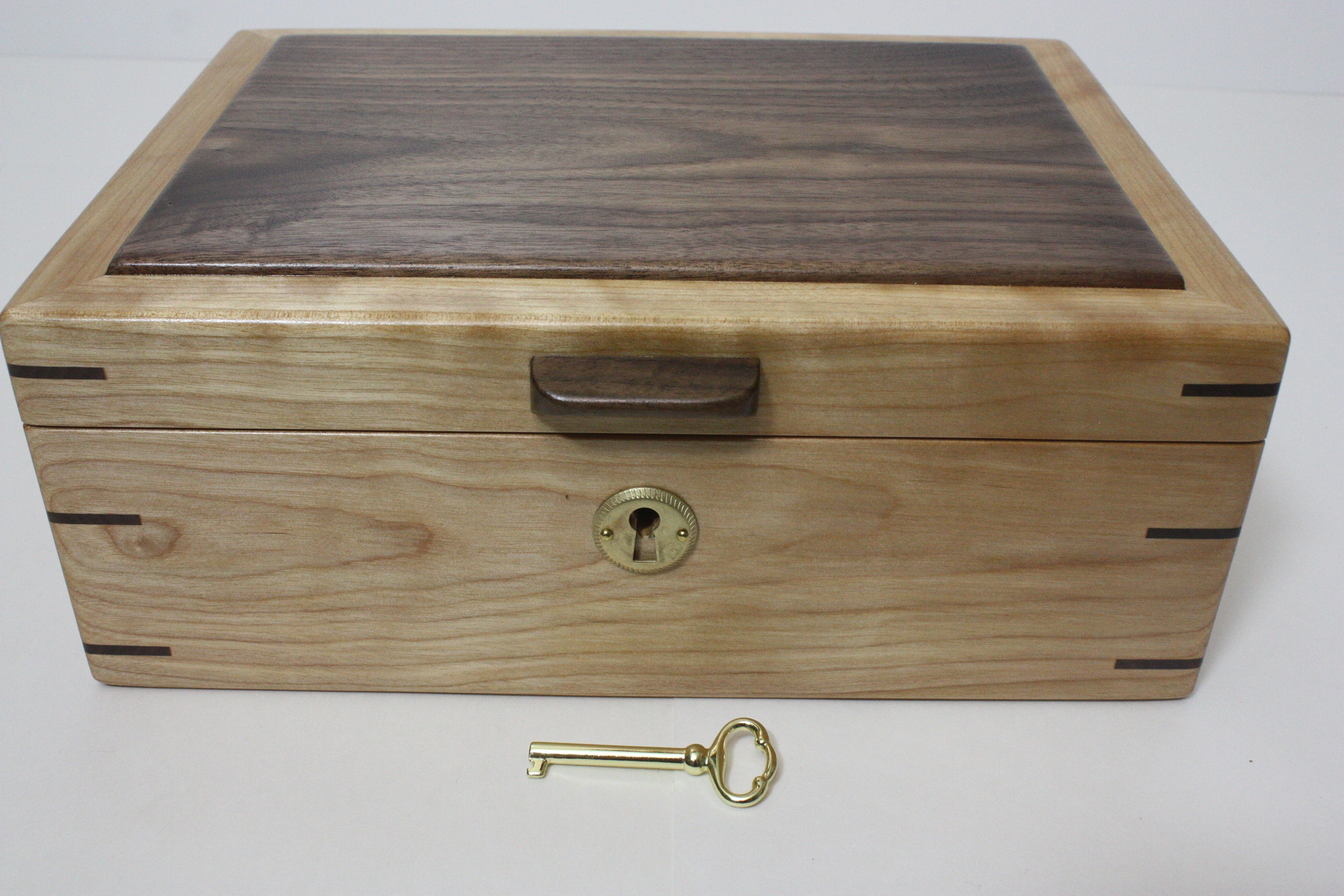 Handmade Locking Red Birch Box with Tray For Sale