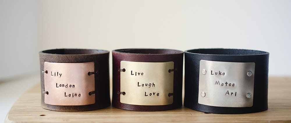 Hand Stamped Wide Leather Cuffs with your kids names