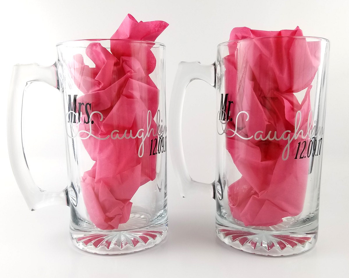 Personalized Mr. and Mrs. beer mugs