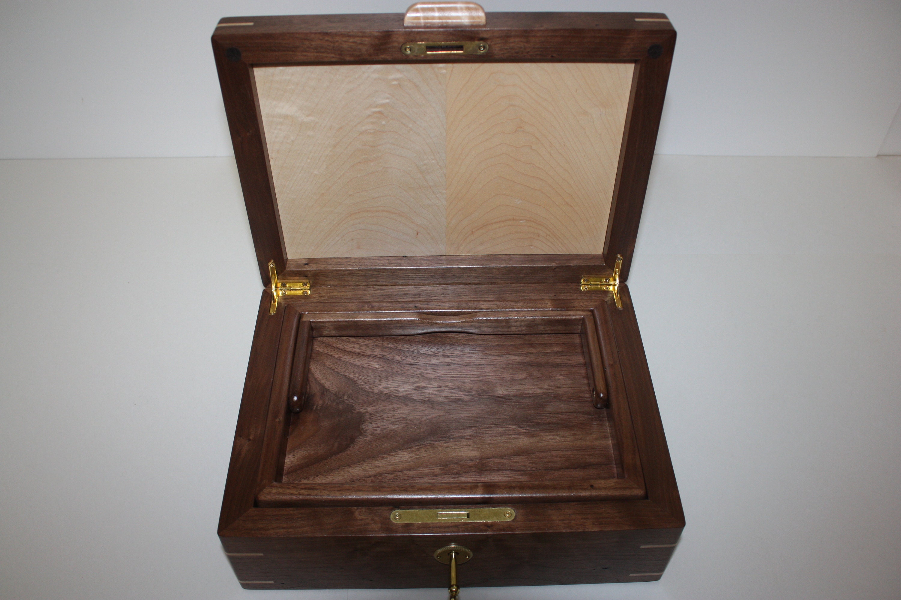 Walnut and Maple Wood Box with Lift Out Tray