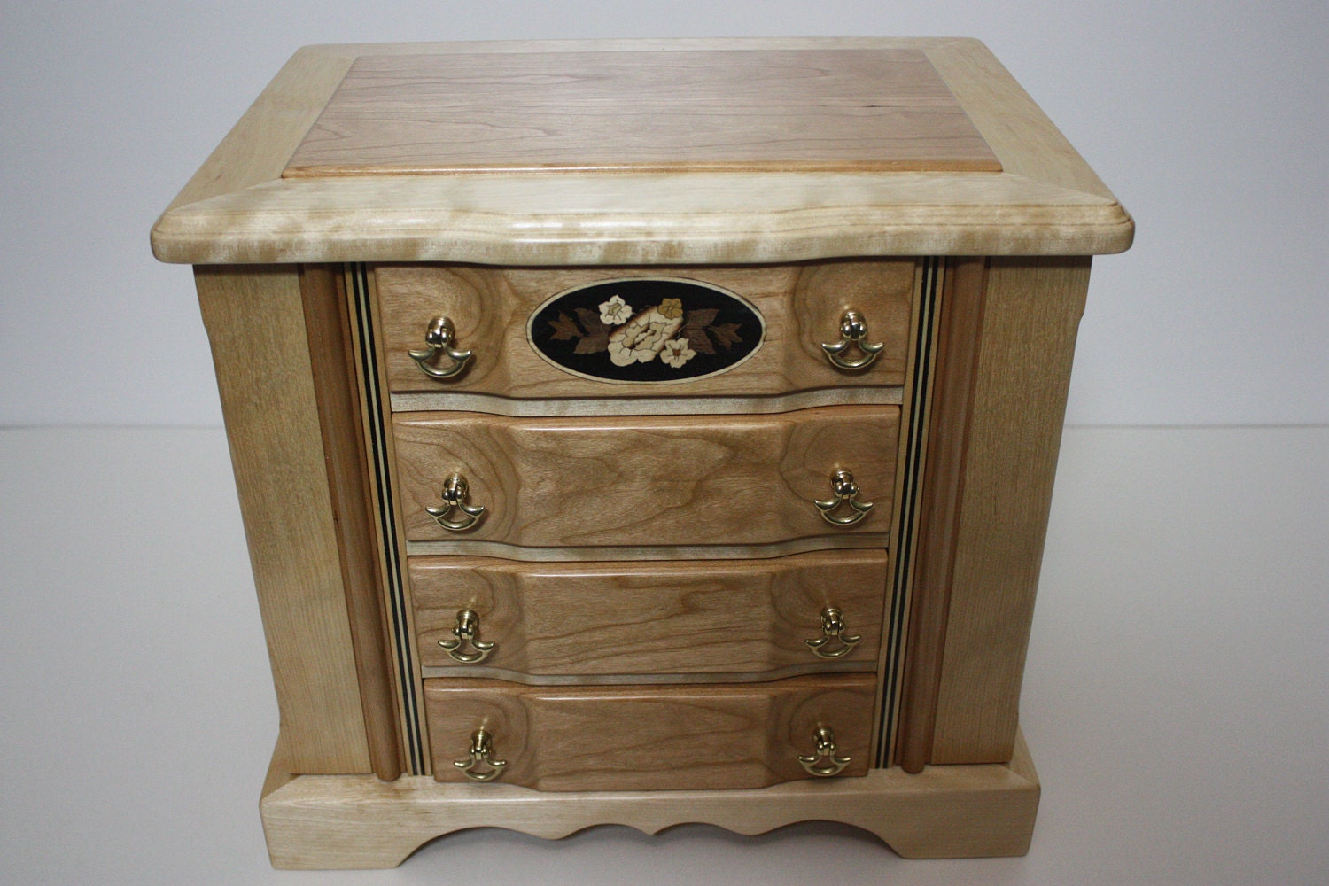 Handmade Birch and Cherry Wood Box with Necklace Hooks For Sale