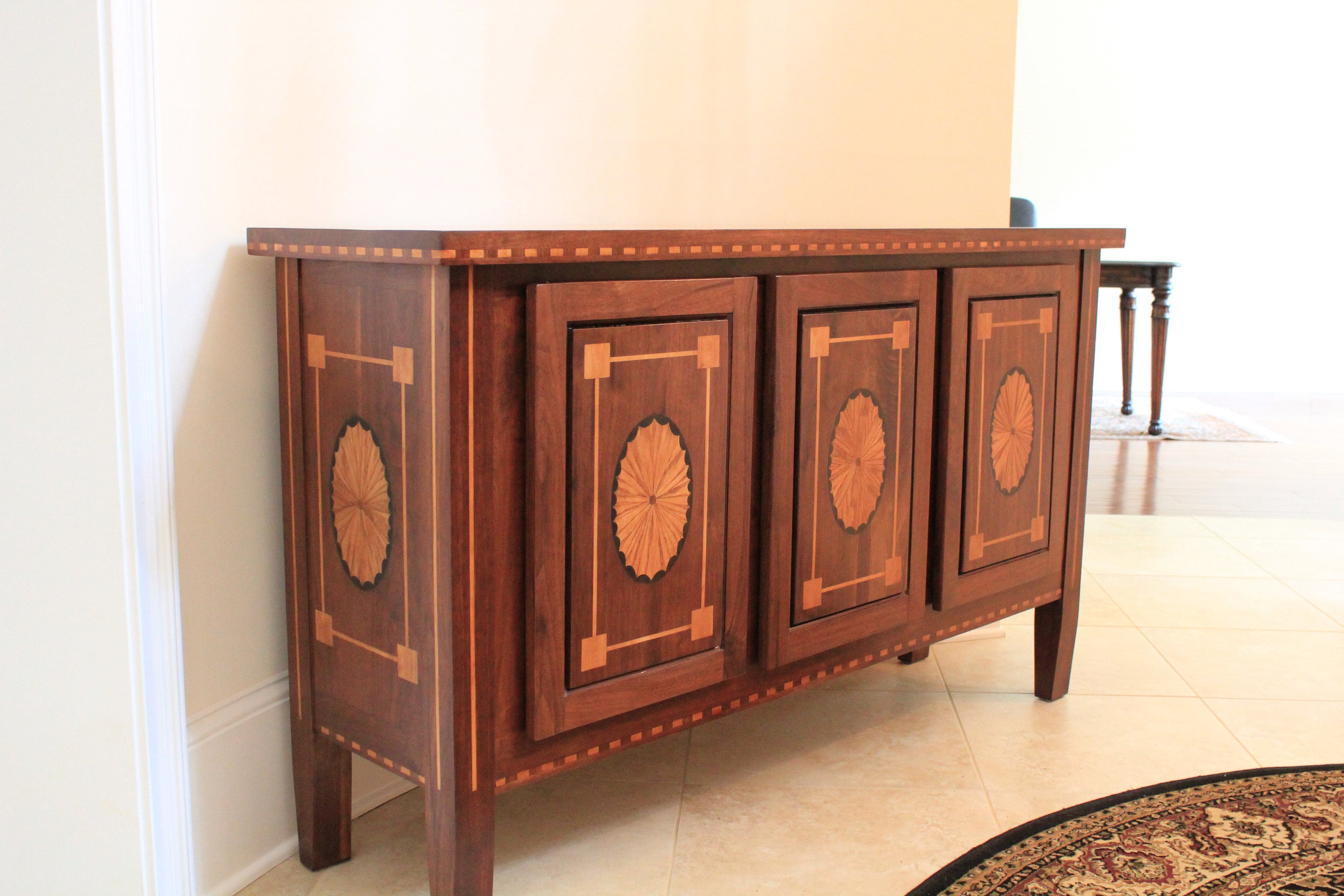 walnut console table with ezmarquetry inlays