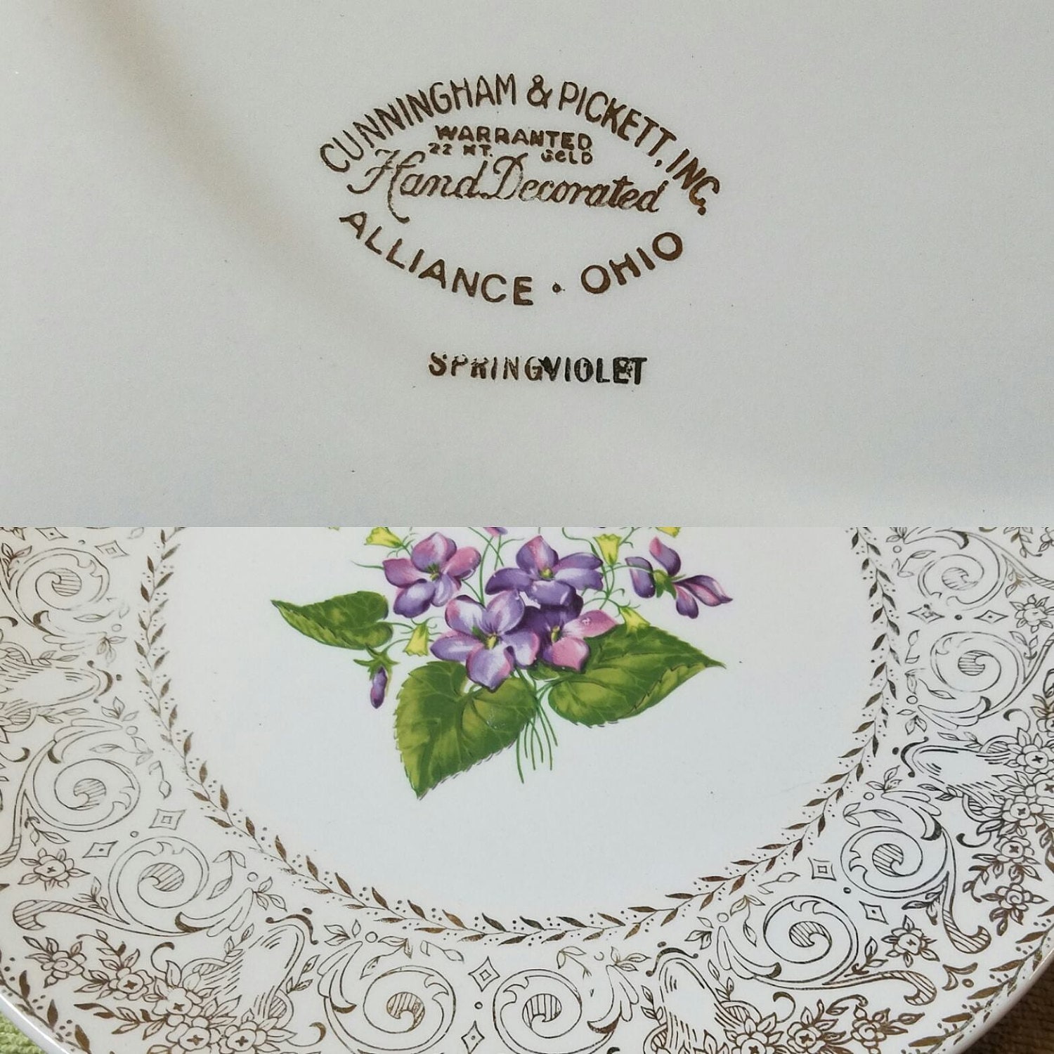 Cunningham & Pickett, Spring Violet, 22kt Gold Filigree Plate