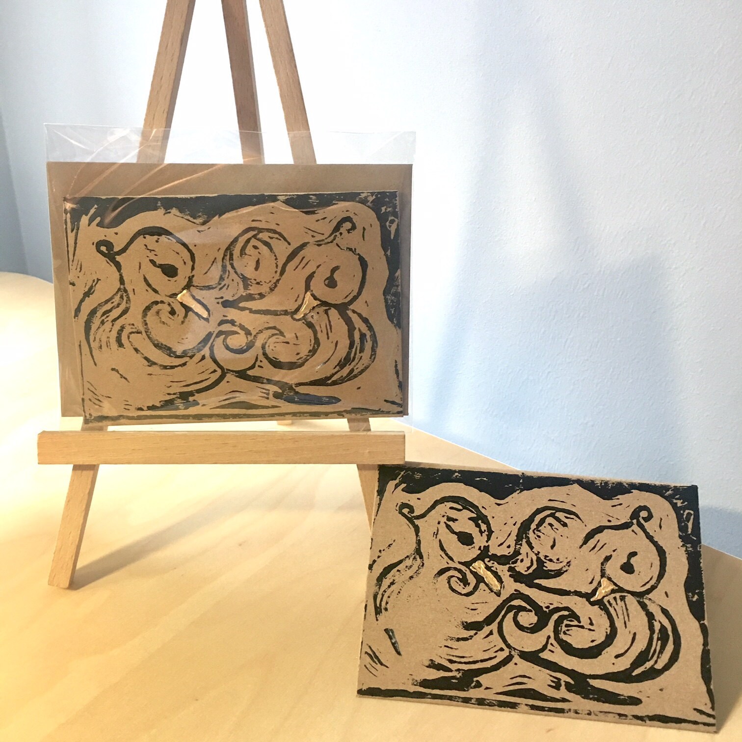 Lino Print Preening Ducks