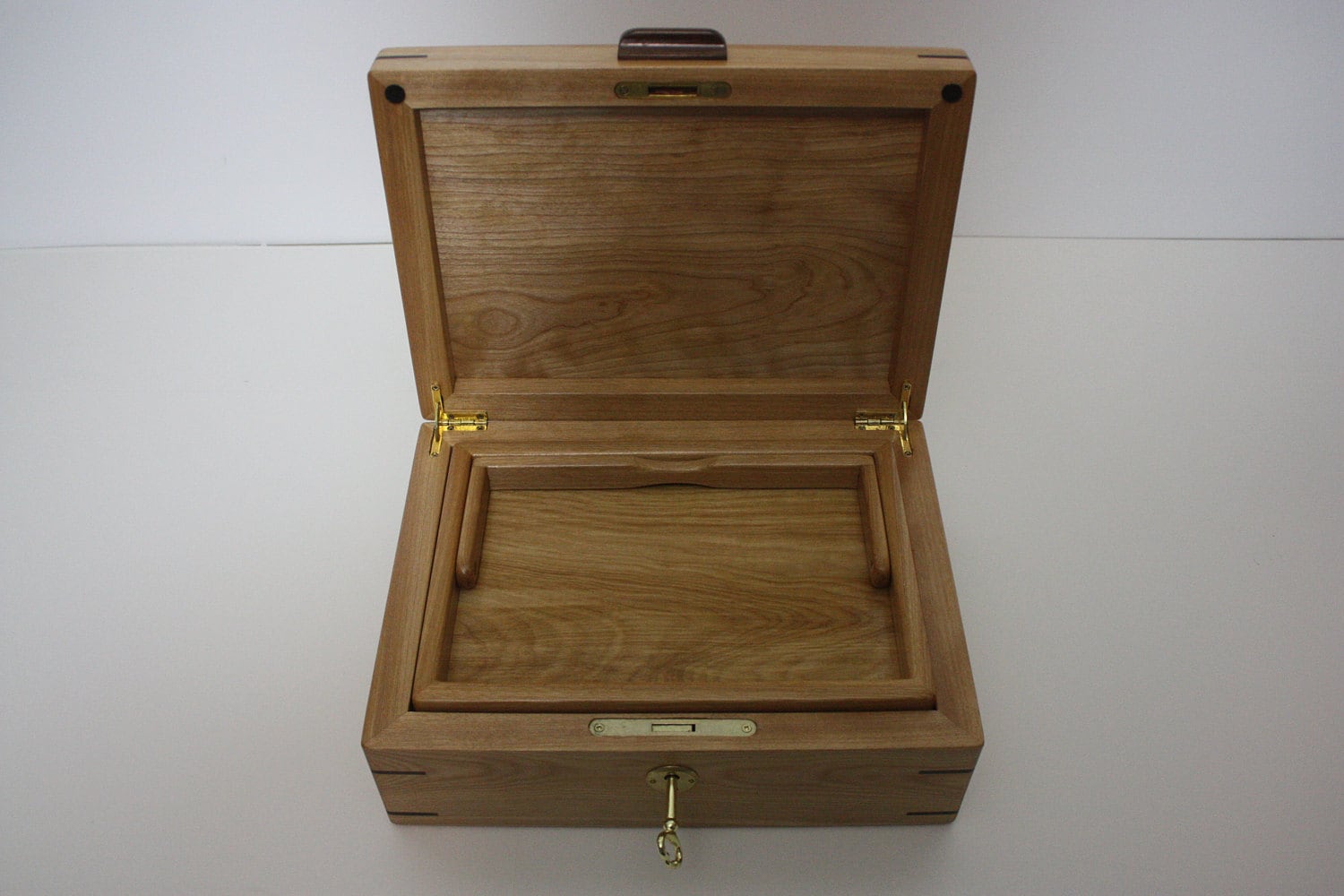 Handmade Locking Red Birch Box with Tray For Sale