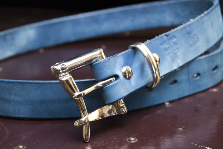The Pigeon Tree Crafting 1.25 Vat dyed Indigo Belt with nickel plated quick release buckle.