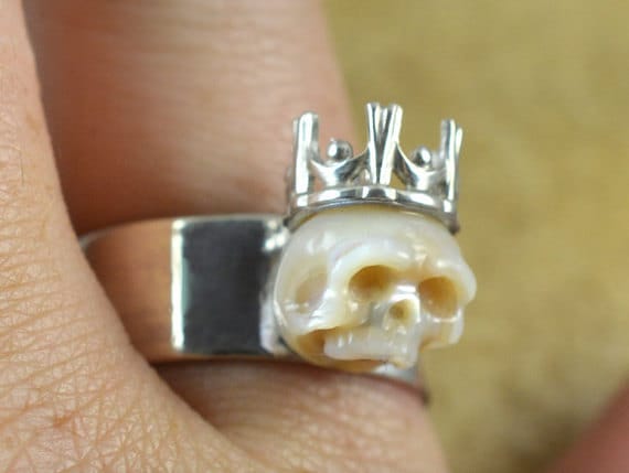 Hand Carved Pearl Skull Ring Wearing Crown