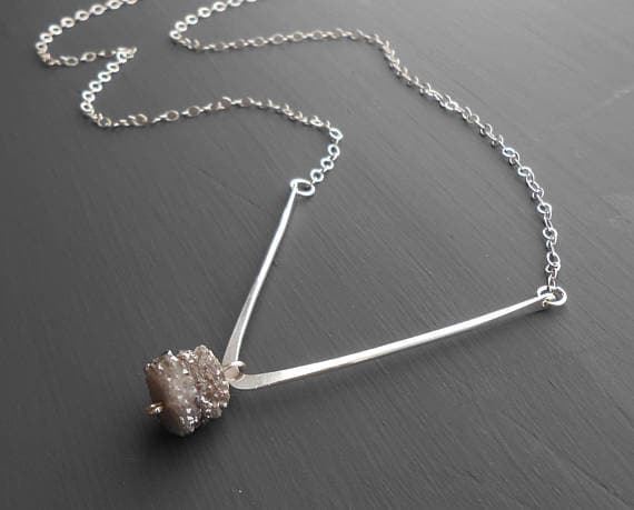 handmade minimalist sterling silver necklace with druzy