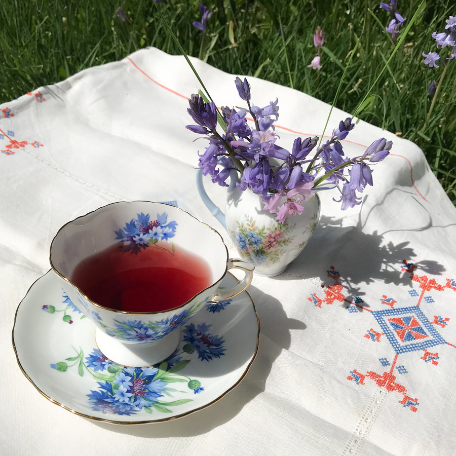 Hammersley Cornflower Teacup and Saucer, and Royal Albert Wisteria Creamer