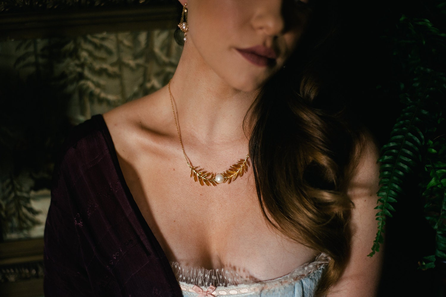 Zayith pearl gold laurel twig necklace
