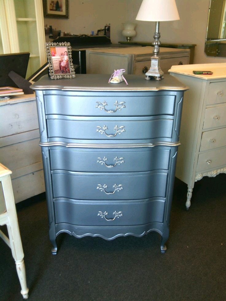 blue metallic dresser, custom painted