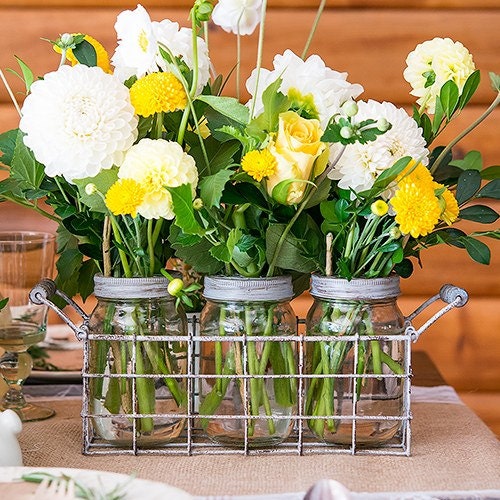 Vintage look mason jars with grid top and flowers