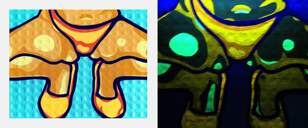 Veronica by CRD Larson under normal light (right) and black light (left)