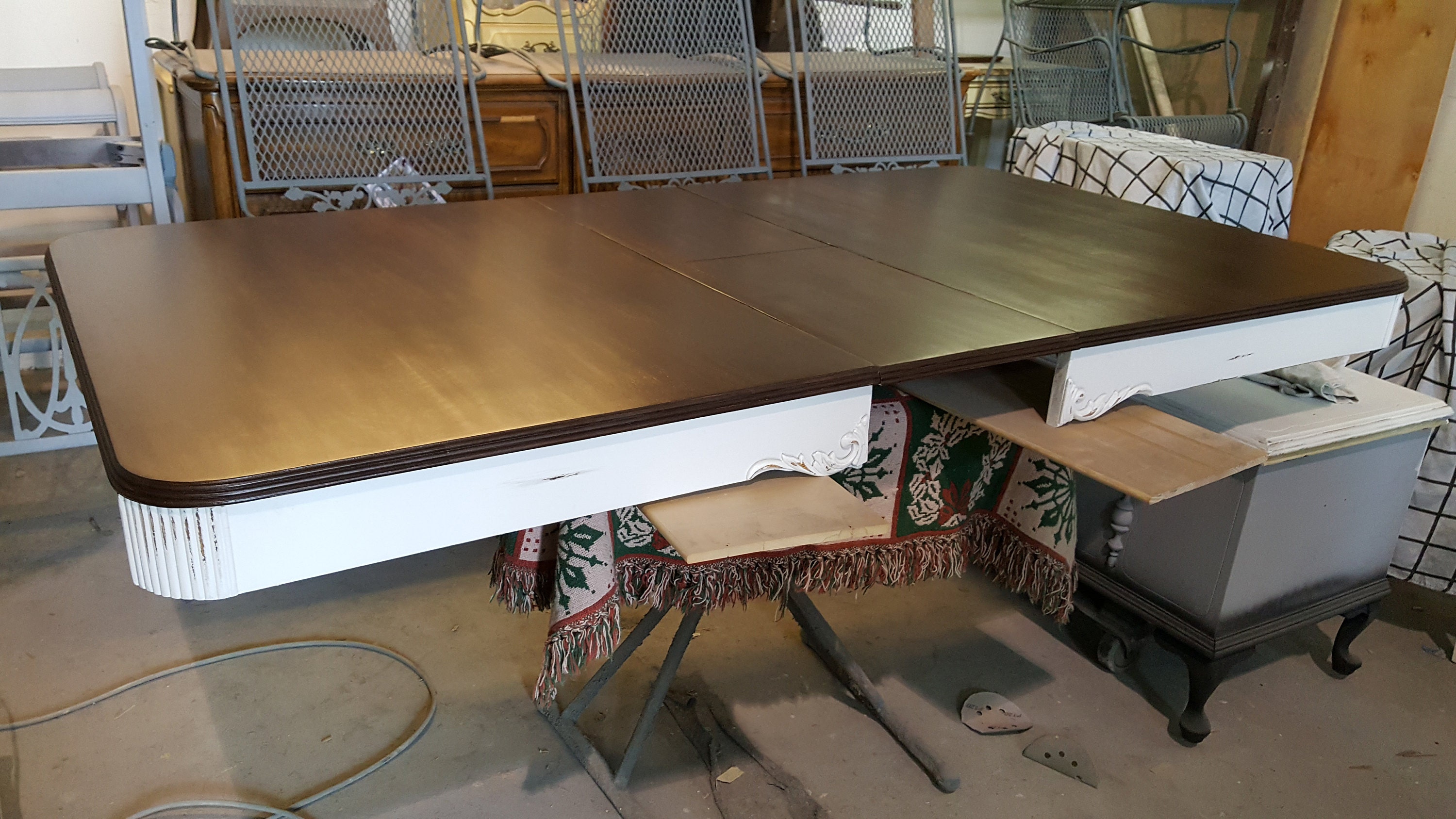 vintage, distressed dining room table, stained top