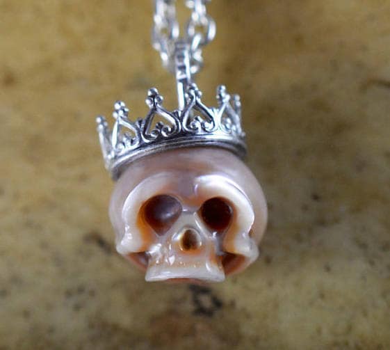 Hand Carved Pink Pearl Skull Wearing Tilted Sterling SIlver Crown Necklace