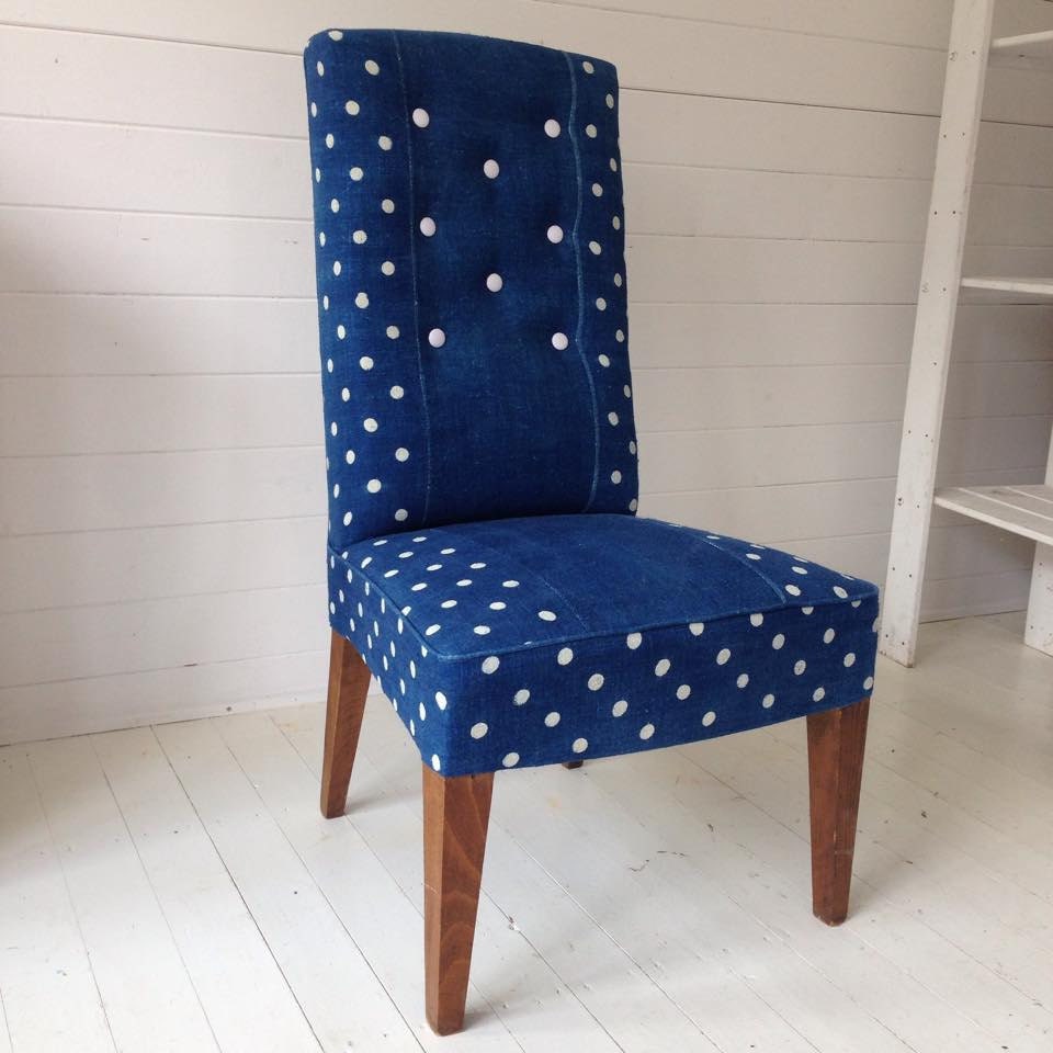 Chair upholstered in vintage Indigo dyed fabric