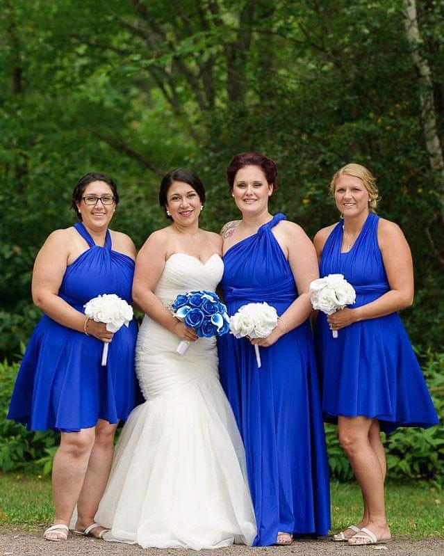 Jen + her bridesmaids wearing our short and long dresses in sapphire