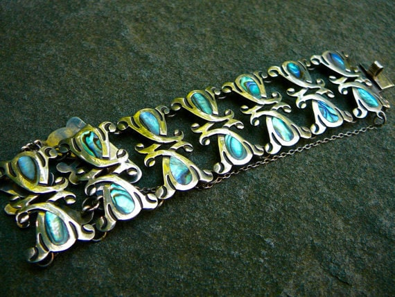 Taxco Silver, Sterling Silver, Abalone, Vintage Panel Link Cuff, Peacock Abalone, Rare Jewelry, Mint Condition Cuff, Rare Bracelet, Taxco