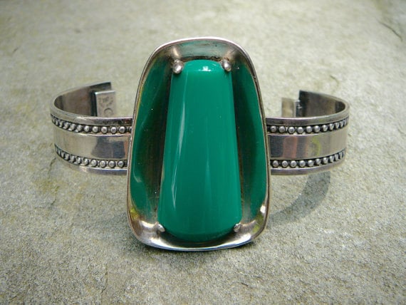 Green Onyx Taxco Silver Bracelet