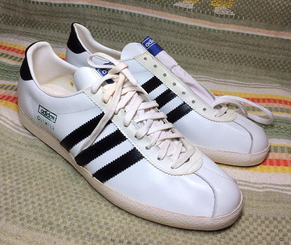 deadstock 1970s leather Olympia sneakers white black 3 stripes size 11