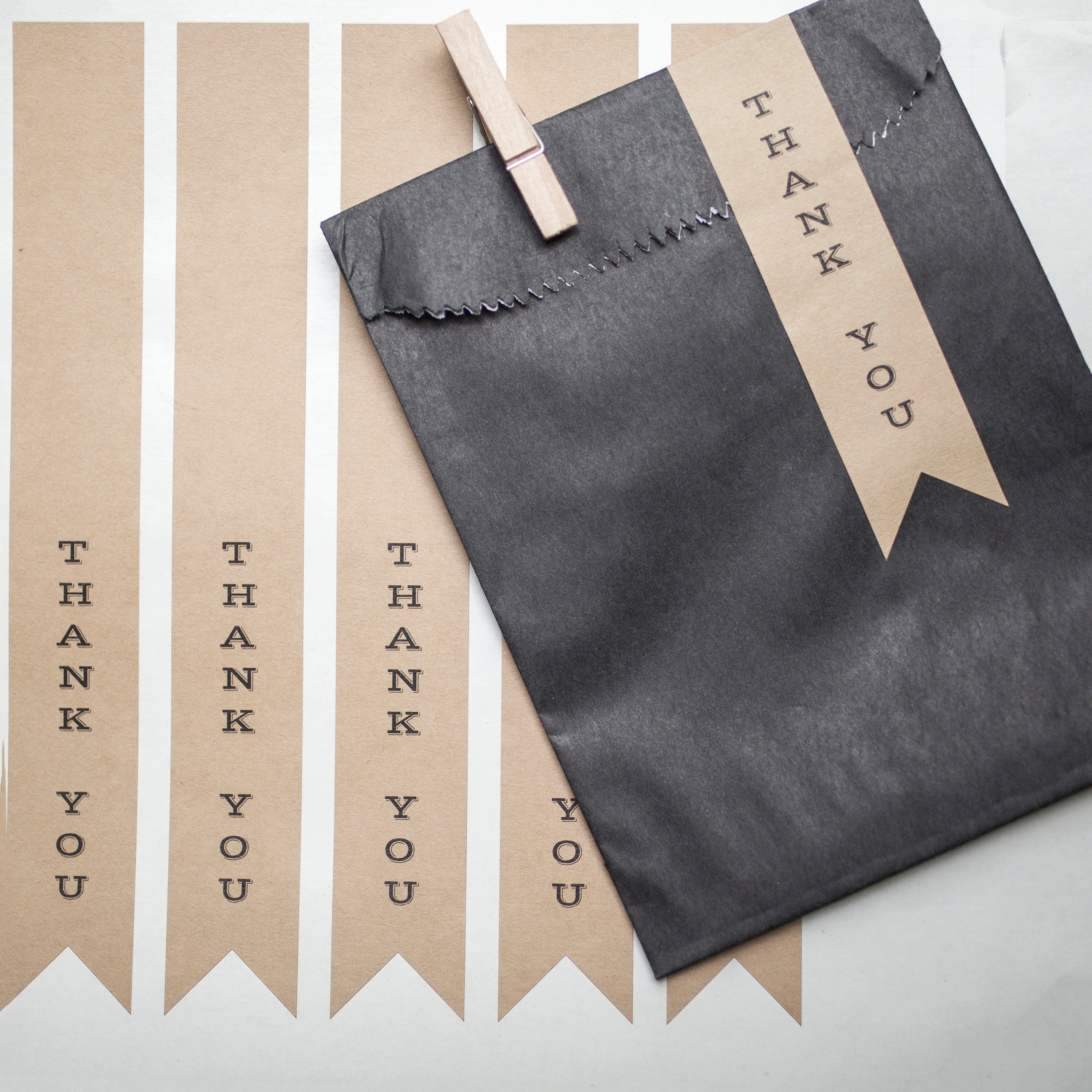 thank you bags, thank you gift, treat bags, black bags, glassine bags, merchandise bags, kraft stickers, custom labels