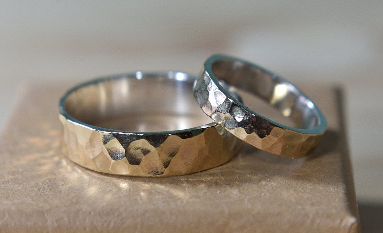 Gold 9k Hammered Wedding Band Set