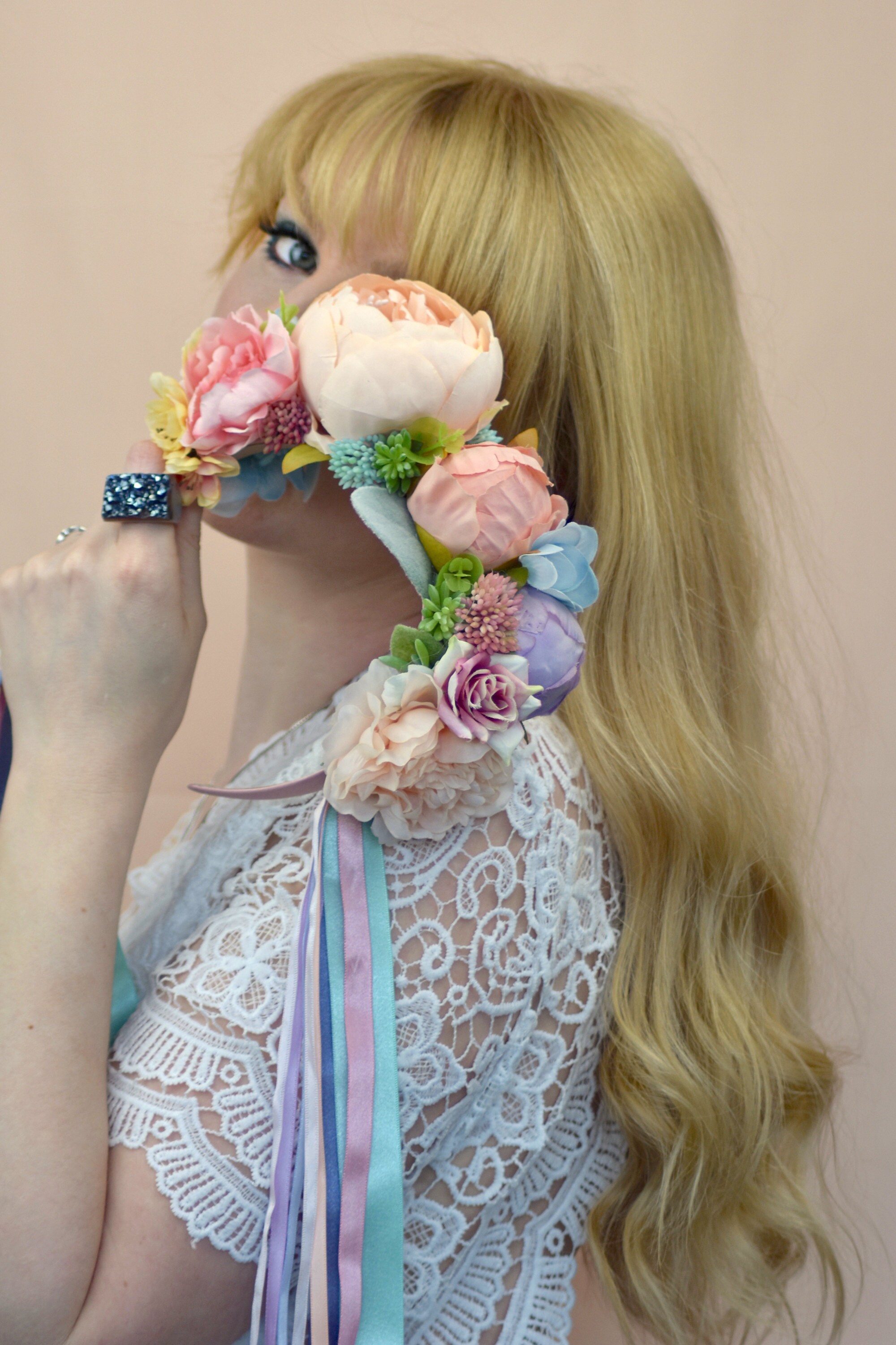 Pastel Flower Crown Festival Bridal Headband with Ribbons