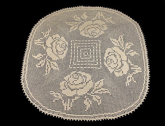Doily Crochet Tablecloth Rose Design Handmade Square Elegant Roses 33 inches x 29 1/2 inches