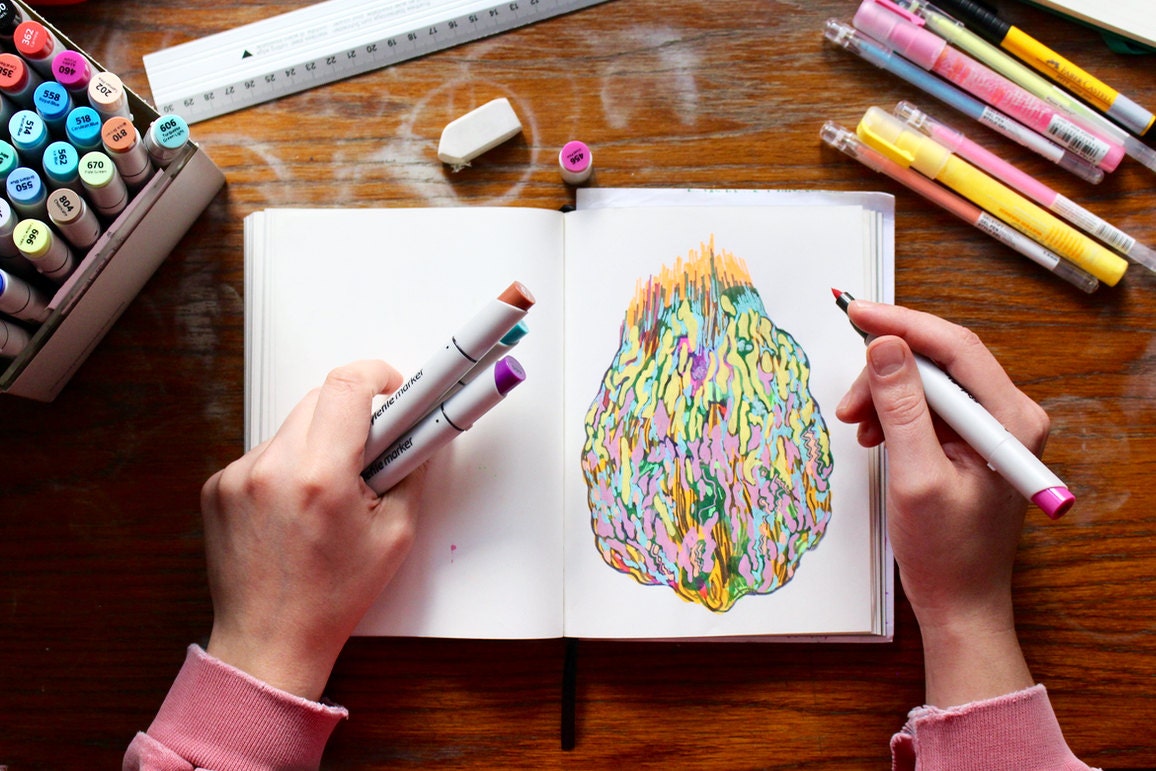 Sketchbook drawing by Ben Craig from Boat and Balloon using felt-tip and paint pens
