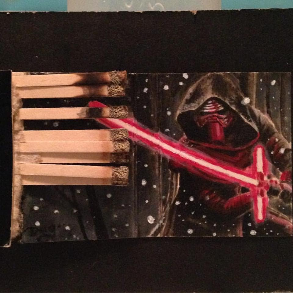 Kylo in the snow. 3.5x2 Acrylic on vintage matchbook