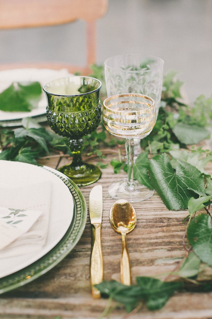 green colored glass table setting