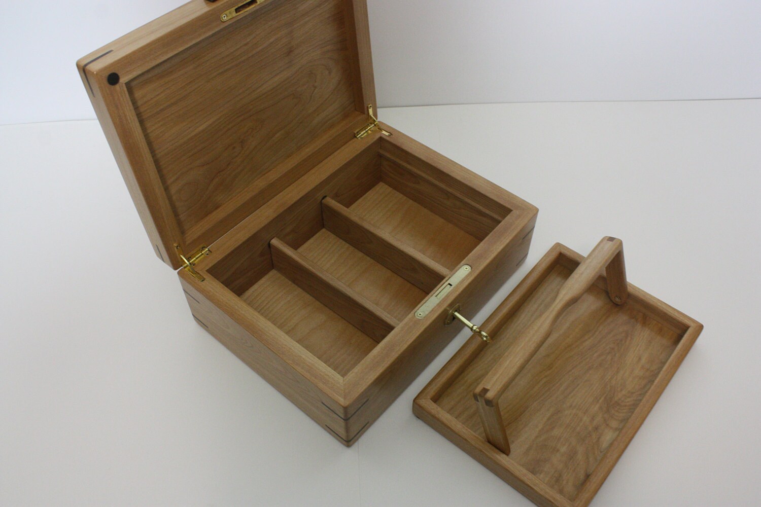 Locking Red Birch Wood Box with Tray and Dividers