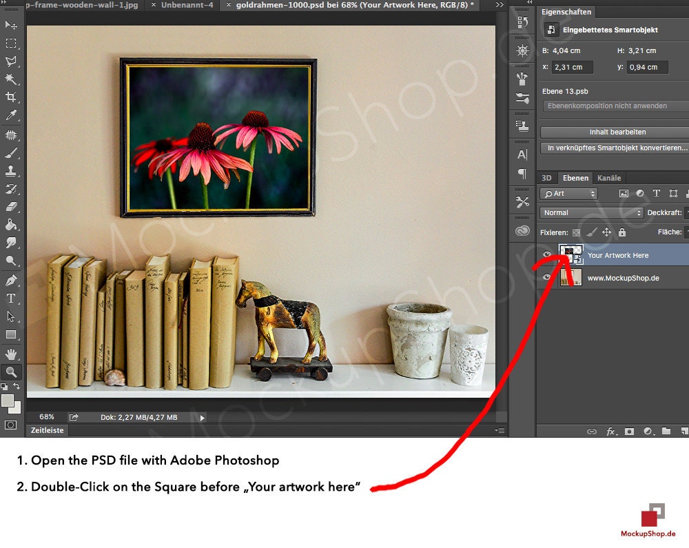1. Open the PSD file with Adobe Photoshop 2. Double-Click on the Square before “Your Artwort here”