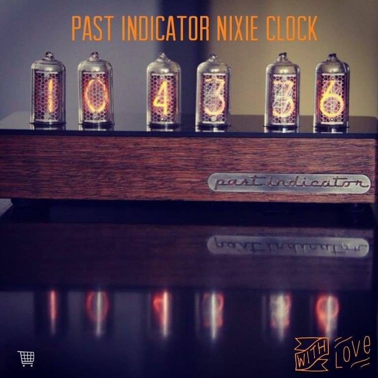 Nixie tube clock in oak and brass case