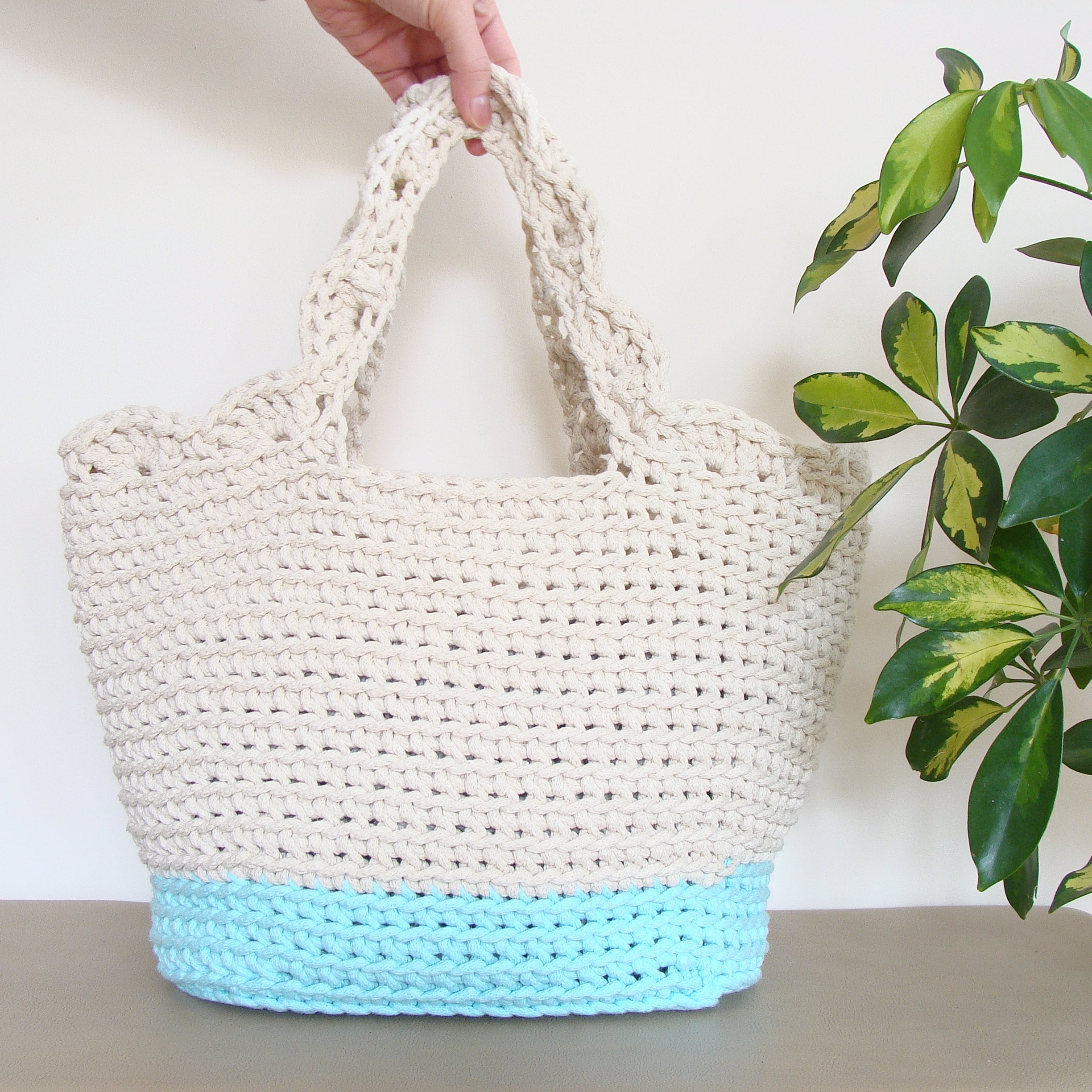 Hand knit simple cotton tote bag knit rope bag shoulder bag