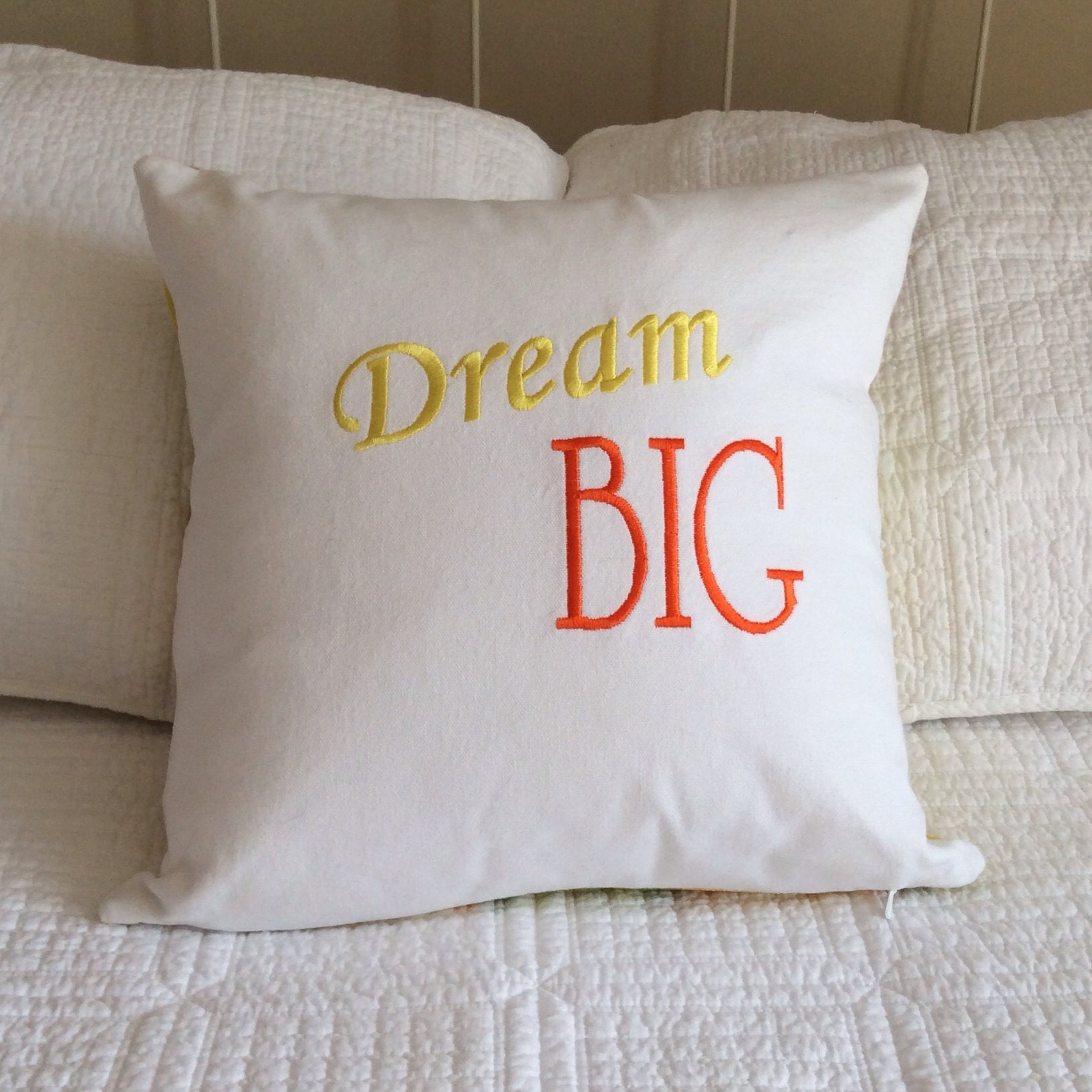 Custom embroidered pillow cover. Custom wording on a linen