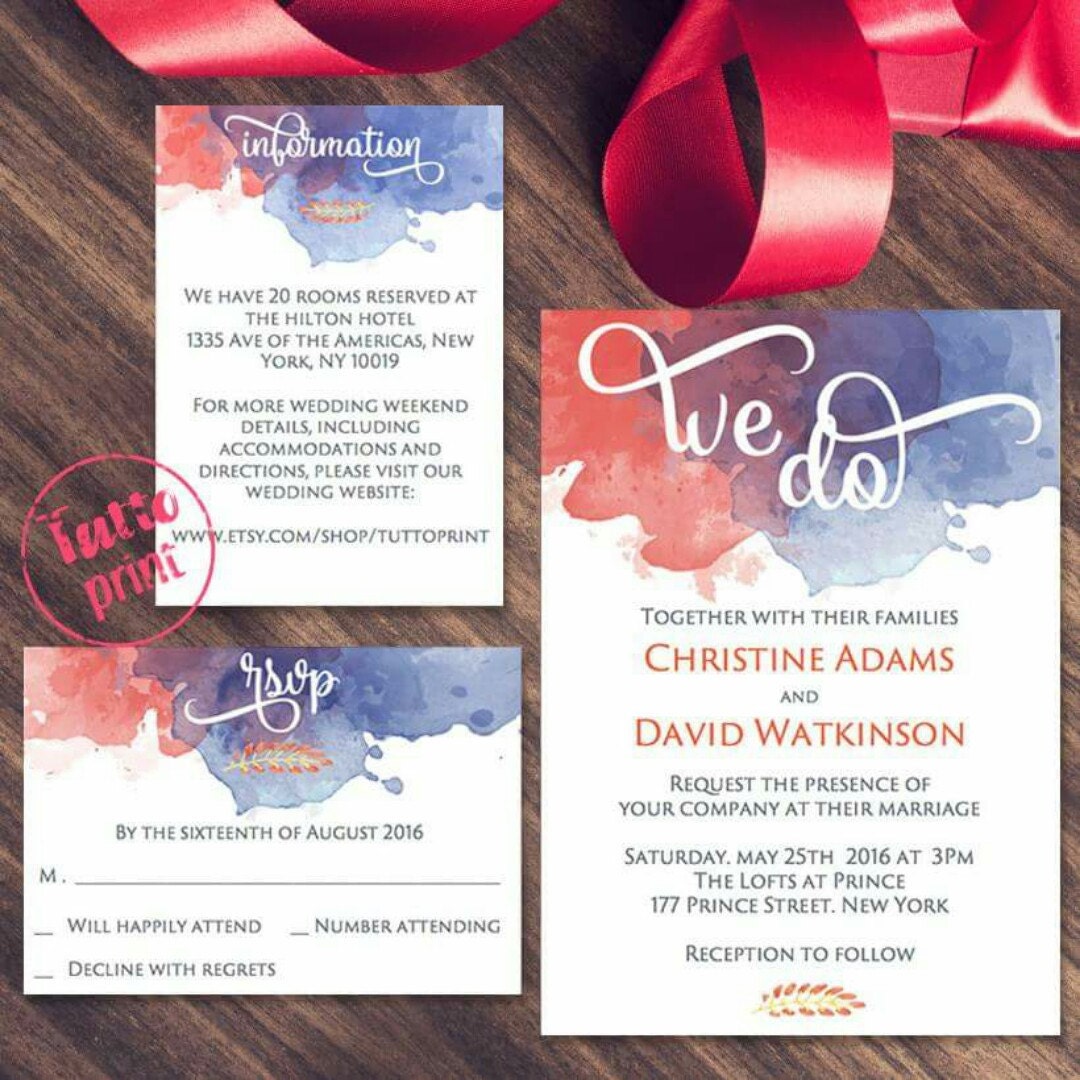 Navy and Coral Wedding Invitation Printable Suite Blue