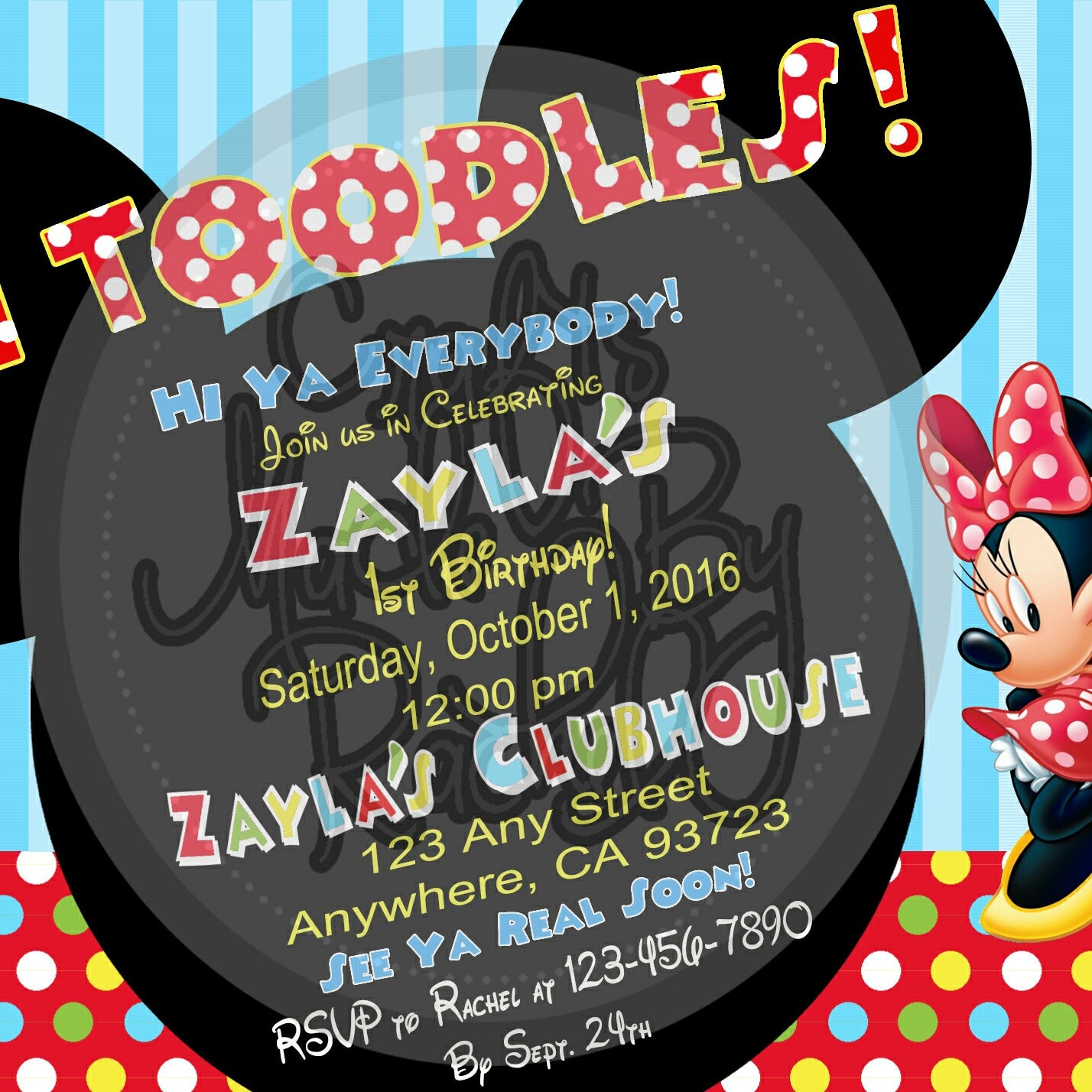 Mickey Mouse or Minnie Mouse Clubhouse Invitation Oh